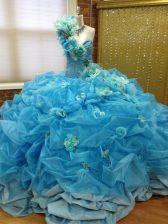  One Shoulder Floor Length Blue 15th Birthday Dress Taffeta and Tulle Sleeveless Pick Ups and Hand Made Flower