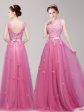  Empire Prom Dresses Pink V-neck Tulle Sleeveless Floor Length Lace Up
