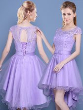 Exceptional Lavender Damas Dress Prom and Party with Lace Scoop Cap Sleeves Lace Up