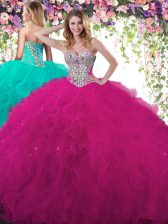 Simple Floor Length Fuchsia Quince Ball Gowns Sweetheart Sleeveless Lace Up