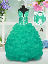 Lovely Floor Length Lace Up Little Girls Pageant Dress Wholesale Turquoise for Party and Wedding Party with Beading and Pick Ups