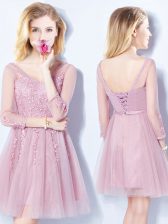 Low Price Tulle Sleeveless Mini Length Dama Dress and Appliques and Belt