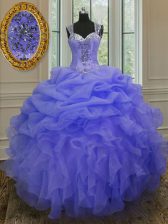 Gorgeous Straps Blue Sleeveless Organza Zipper Ball Gown Prom Dress for Military Ball and Sweet 16 and Quinceanera