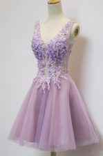 Super Tulle V-neck Sleeveless Zipper Appliques Prom Dresses in Lavender