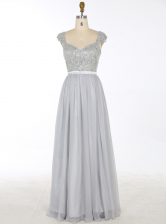 Dramatic Grey A-line Chiffon V-neck Sleeveless Beading and Appliques Floor Length Zipper Prom Dresses