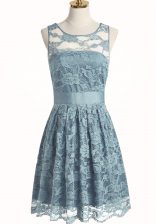 Glorious Scoop Sleeveless Lace Knee Length Zipper Evening Dress in Light Blue with Lace