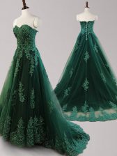 Wonderful Dark Green Sleeveless Tulle Brush Train Lace Up Dress for Prom for Prom