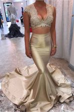 Modern Mermaid Satin Sleeveless Dress for Prom Court Train and Appliques