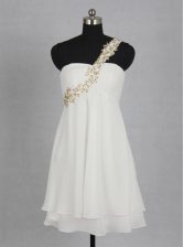 Shining One Shoulder White Sleeveless Mini Length Appliques and Ruching Zipper Prom Dress
