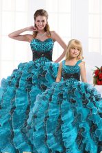  Aqua Blue Ball Gowns Sweetheart Sleeveless Organza Floor Length Lace Up Beading and Appliques and Ruffles 15 Quinceanera Dress