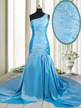  Mermaid Baby Blue Elastic Woven Satin Zipper One Shoulder Sleeveless Prom Dresses Brush Train Beading and Appliques
