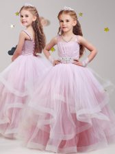 On Sale Straps Floor Length Baby Pink Toddler Flower Girl Dress Tulle Sleeveless Beading and Ruffles