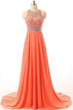 Graceful Halter Top Sleeveless Beading Backless Prom Dress with Orange Court Train