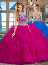 Vintage Scoop Fuchsia Sleeveless Tulle Backless Quinceanera Gown for Military Ball and Sweet 16 and Quinceanera