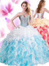 Designer Blue And White Organza Lace Up Sweet 16 Dresses Sleeveless Floor Length Beading and Ruffles