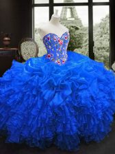 Superior Floor Length Lace Up Ball Gown Prom Dress Royal Blue for Military Ball and Sweet 16 and Quinceanera with Embroidery and Ruffles