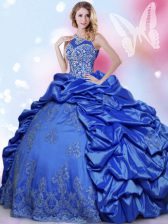 Fine Halter Top Beading and Lace and Appliques and Pick Ups Quinceanera Gowns Blue Lace Up Sleeveless Floor Length