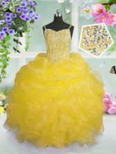  Gold Spaghetti Straps Neckline Beading and Ruffles and Pick Ups Little Girl Pageant Dress Sleeveless Lace Up