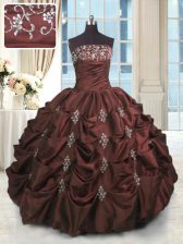 Simple Burgundy Ball Gowns Strapless Sleeveless Taffeta Floor Length Lace Up Beading and Appliques and Embroidery and Pick Ups Quinceanera Gown