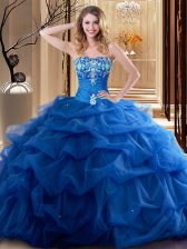 Designer Royal Blue Tulle Lace Up Quince Ball Gowns Sleeveless Floor Length Embroidery and Ruffles