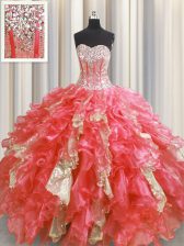  Visible Boning Watermelon Red Lace Up Ball Gown Prom Dress Beading and Ruffles and Sequins Sleeveless Floor Length