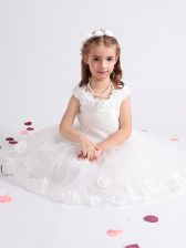  Ball Gowns Flower Girl Dresses White Scoop Tulle Cap Sleeves Tea Length Zipper