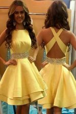 Cheap Scoop Knee Length Criss Cross Prom Party Dress Yellow for Prom and Party with Beading
