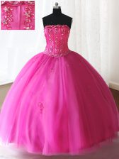 Sumptuous Floor Length Lace Up Quince Ball Gowns Hot Pink for Military Ball and Sweet 16 and Quinceanera with Beading