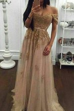 Attractive Champagne Zipper Off The Shoulder Beading and Appliques Prom Dress Tulle Short Sleeves Sweep Train