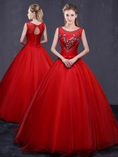 Fashionable Scoop Red Lace Up Vestidos de Quinceanera Beading and Embroidery Sleeveless Floor Length
