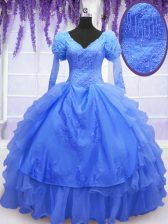 Sumptuous One Shoulder Beading and Embroidery and Hand Made Flower Sweet 16 Quinceanera Dress Blue Lace Up Long Sleeves Floor Length