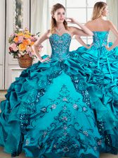 Popular Beading and Embroidery and Pick Ups Quinceanera Gowns Teal Lace Up Sleeveless Floor Length