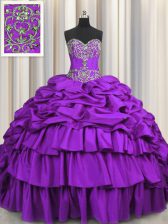 Modern Purple Taffeta Lace Up Sweet 16 Dresses Sleeveless Brush Train Beading and Embroidery and Ruffled Layers and Pick Ups