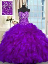 Glittering Purple Lace Up Sweetheart Beading and Ruffles Quinceanera Dress Organza Sleeveless Brush Train