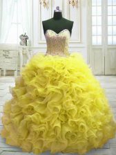 Glamorous Lace Up 15 Quinceanera Dress Yellow for Military Ball and Sweet 16 and Quinceanera with Beading and Ruffles Sweep Train
