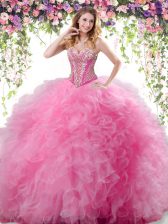  Rose Pink Ball Gowns Tulle Sweetheart Sleeveless Beading and Ruffles Floor Length Lace Up Sweet 16 Quinceanera Dress