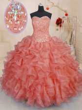 Latest Beading and Ruffles Quinceanera Gowns Watermelon Red Lace Up Sleeveless Floor Length