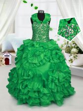  Green Ball Gowns Taffeta Halter Top Sleeveless Beading and Ruffles Floor Length Zipper Little Girls Pageant Dress Wholesale