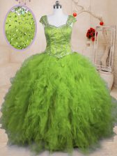 Stylish Beading and Ruffles Quinceanera Dress Olive Green Lace Up Short Sleeves Floor Length