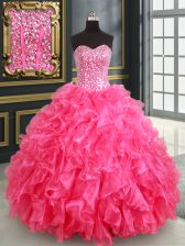  Hot Pink Ball Gowns Beading and Ruffles and Sequins Quince Ball Gowns Lace Up Organza Sleeveless Floor Length