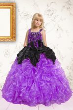  Black and Purple Sleeveless Floor Length Beading and Ruffles Lace Up Womens Party Dresses