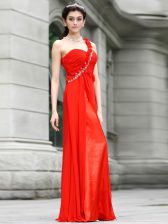 Ideal One Shoulder Floor Length Coral Red Prom Evening Gown Chiffon Sleeveless Beading and Hand Made Flower