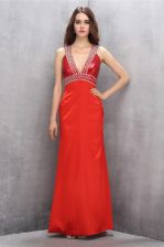 Cute Coral Red Sleeveless Beading Floor Length Prom Evening Gown