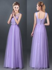Affordable Scoop Lavender Lace Up Court Dresses for Sweet 16 Lace and Hand Made Flower Sleeveless Floor Length