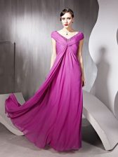  Rose Pink Tulle Zipper V-neck Cap Sleeves Floor Length Prom Dresses Beading and Ruching