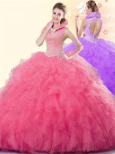 Gorgeous High-neck Sleeveless Tulle Sweet 16 Quinceanera Dress Beading and Ruffles Backless