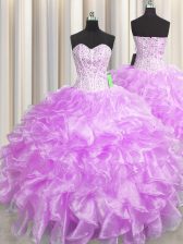 Sweet Visible Boning Zipper Up Ball Gowns Sweet 16 Dress Lilac Sweetheart Organza Sleeveless Floor Length Zipper
