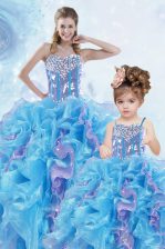 Custom Designed Sweetheart Sleeveless Organza Ball Gown Prom Dress Beading and Ruffles and Sequins Lace Up