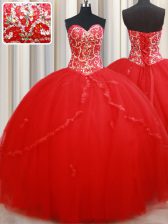  Red Lace Up Quinceanera Gown Beading and Appliques Sleeveless Floor Length