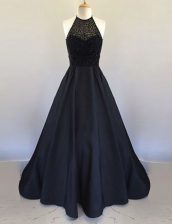 Halter Top Black Zipper Prom Gown Beading Sleeveless Floor Length